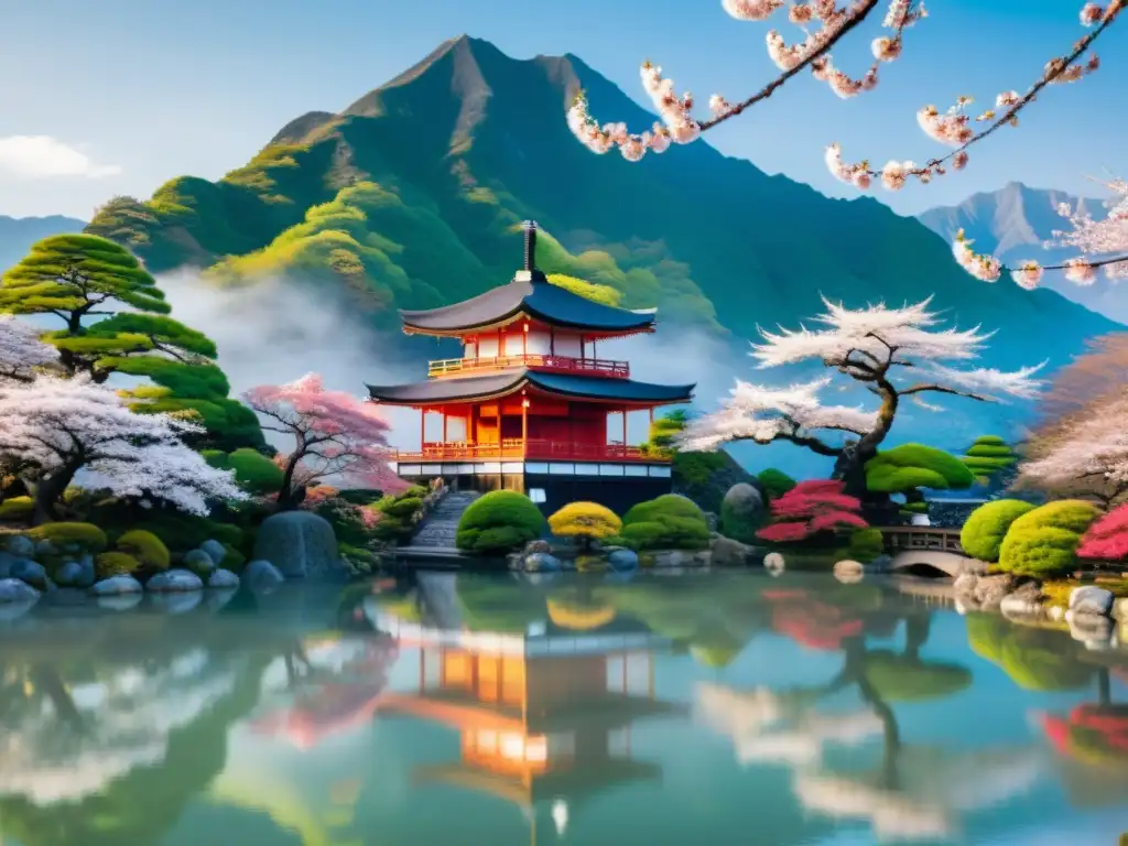 Un samurái en contemplación junto a un templo japonés entre cerezos en flor, reflejados en un estanque