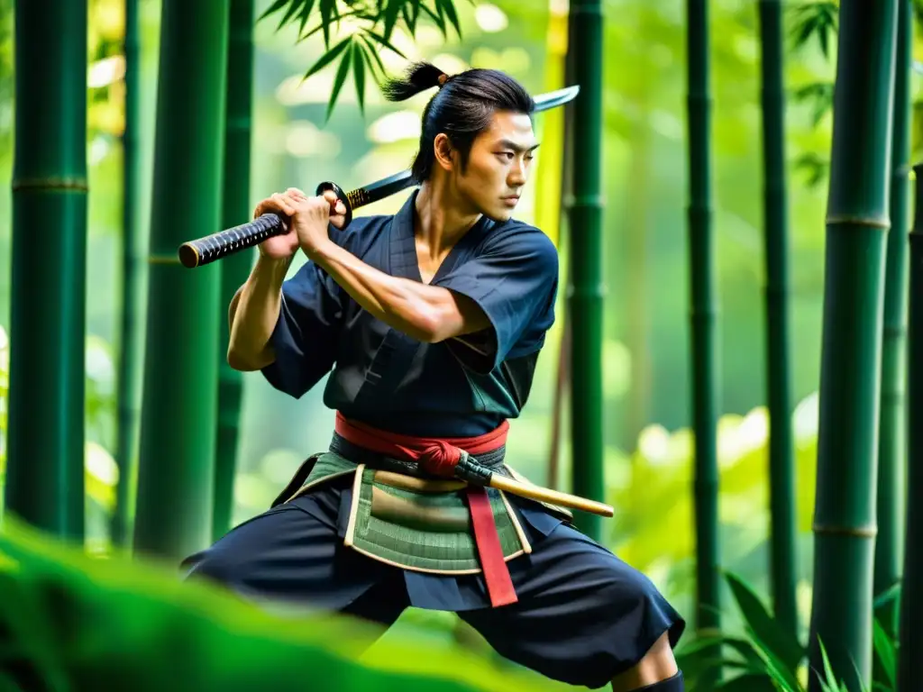 Un samurái empuña una katana en un bosque de bambú iluminado por el sol, destacando la belleza y funcionalidad de la espada