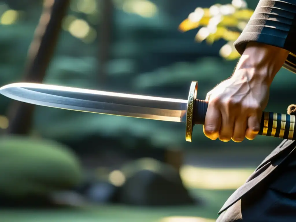 Un samurái desenfunda una katana en un jardín japonés, mostrando disciplina y enfoque para la preparación mental en Iaido