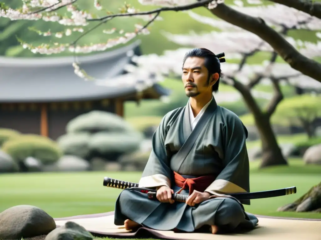 Un samurái meditando con su katana en un jardín tranquilo, rodeado de naturaleza exuberante y árboles de cerezo en flor