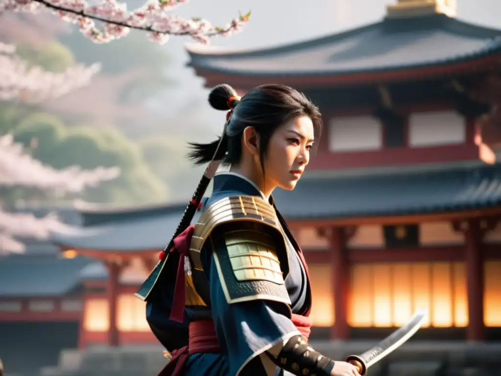 Un samurái con katana en un videojuego inmersivo, frente a un templo japonés entre la niebla, con detalles realistas y atmósfera cautivadora