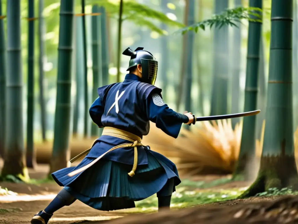 Un samurái practica kendo en un bosque de bambú, capturando la esencia del Bushido y la ética samurái en la literatura mundial