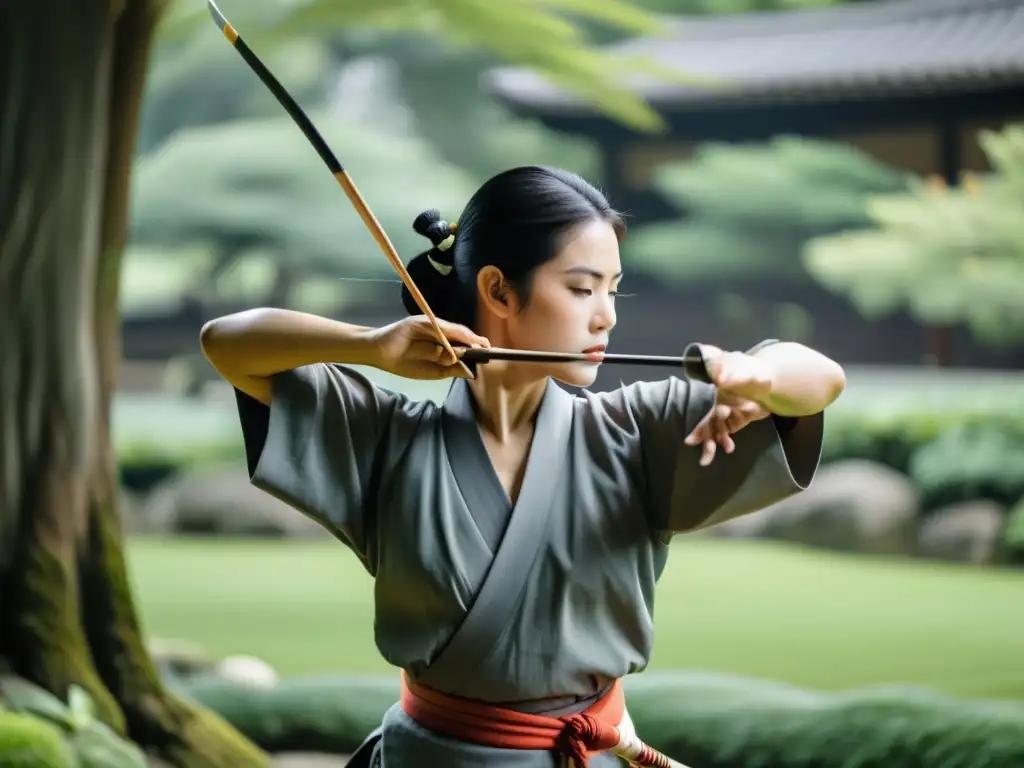 Un samurái practica kyudo en un jardín japonés, mostrando concentración y detalle en un ambiente sereno