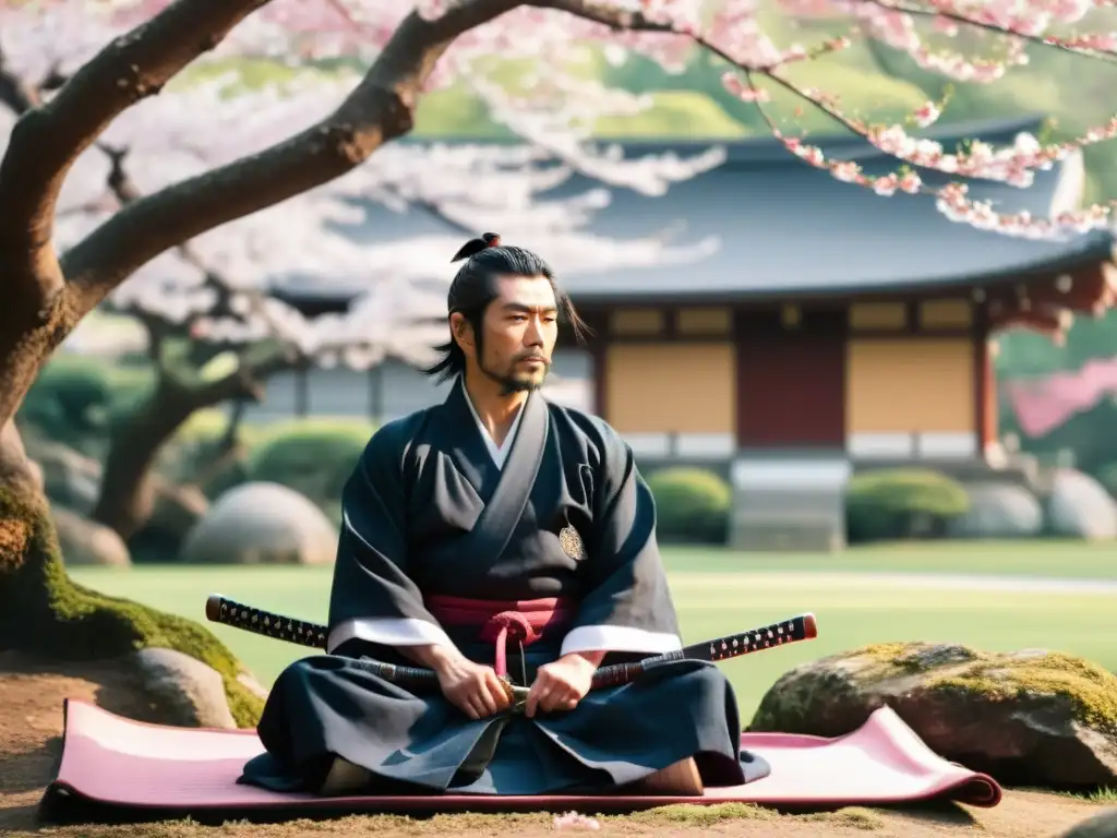 Un samurái legendario, Miyamoto Musashi, medita bajo un cerezo en flor