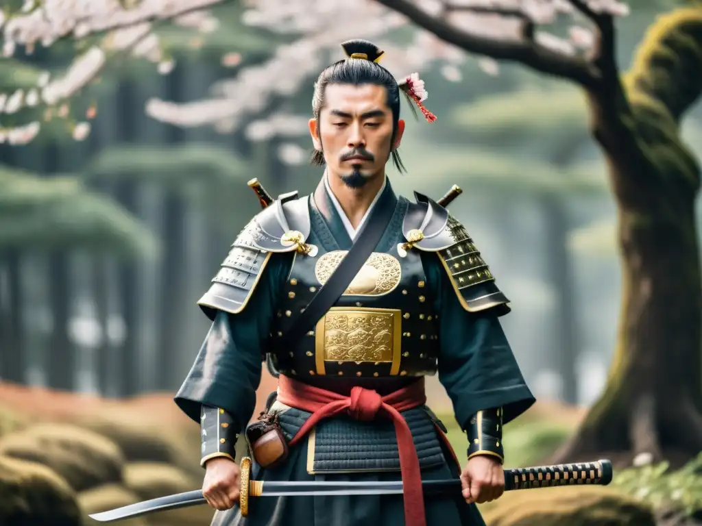 Samurai en meditación: Ritual antes de la batalla Un samurái en meditación, listo para la batalla, en un bosque de sakuras