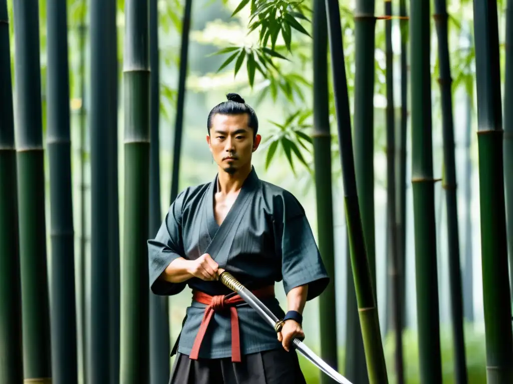 Un samurái maestro en su atuendo tradicional, con su katana en alto en un bosque de bambú