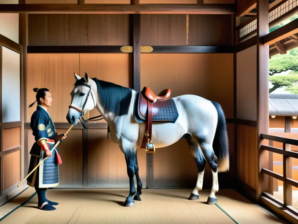 Un samurái atiende a su majestuoso caballo en un establo japonés, reflejando la importancia histórica de la medicina equina en la sociedad samurái