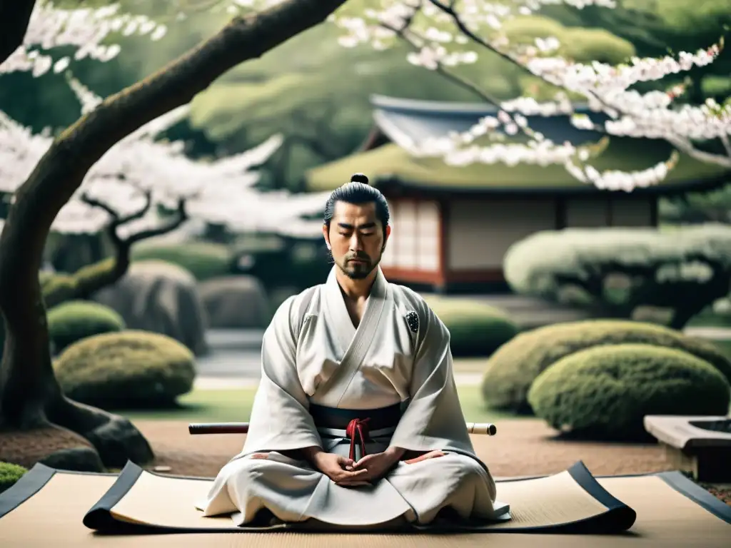 Un samurái moderno practica meditación en un apacible jardín japonés al amanecer, mostrando técnicas ancestrales de resiliencia