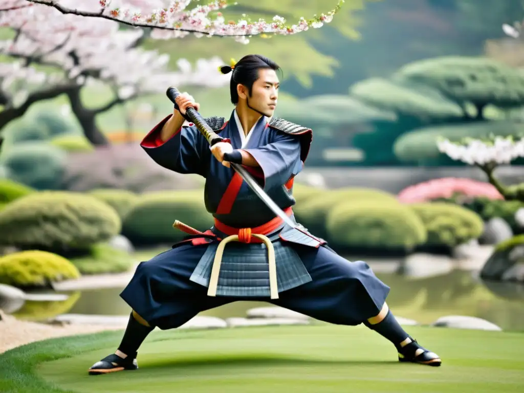 Un samurái moderno en armadura tradicional practica técnicas de lucha samurái en un jardín japonés con cerezos en flor