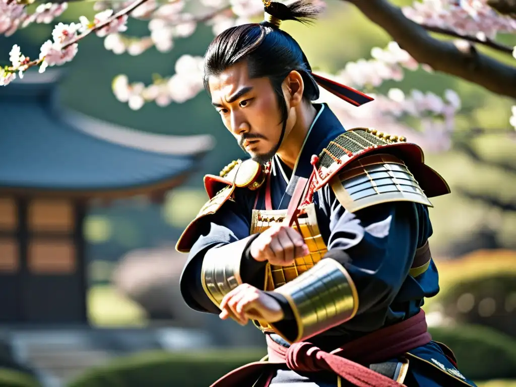 Un samurái moderno realiza un arte performático con elegancia en un jardín japonés, destacando su enfoque y disciplina