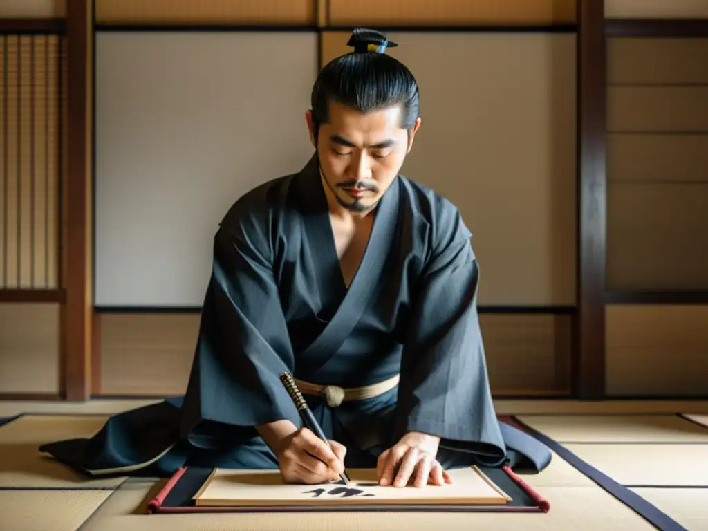 Un samurái moderno practica caligrafía en una habitación tradicional japonesa con una atmósfera serena y atemporal