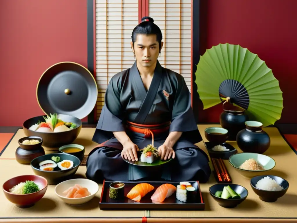 La Dieta Samurái: Tradición y Disciplina en la Era Moderna Un samurái moderno disfruta de una comida tradicional japonesa, transmitiendo disciplina y mindfulness