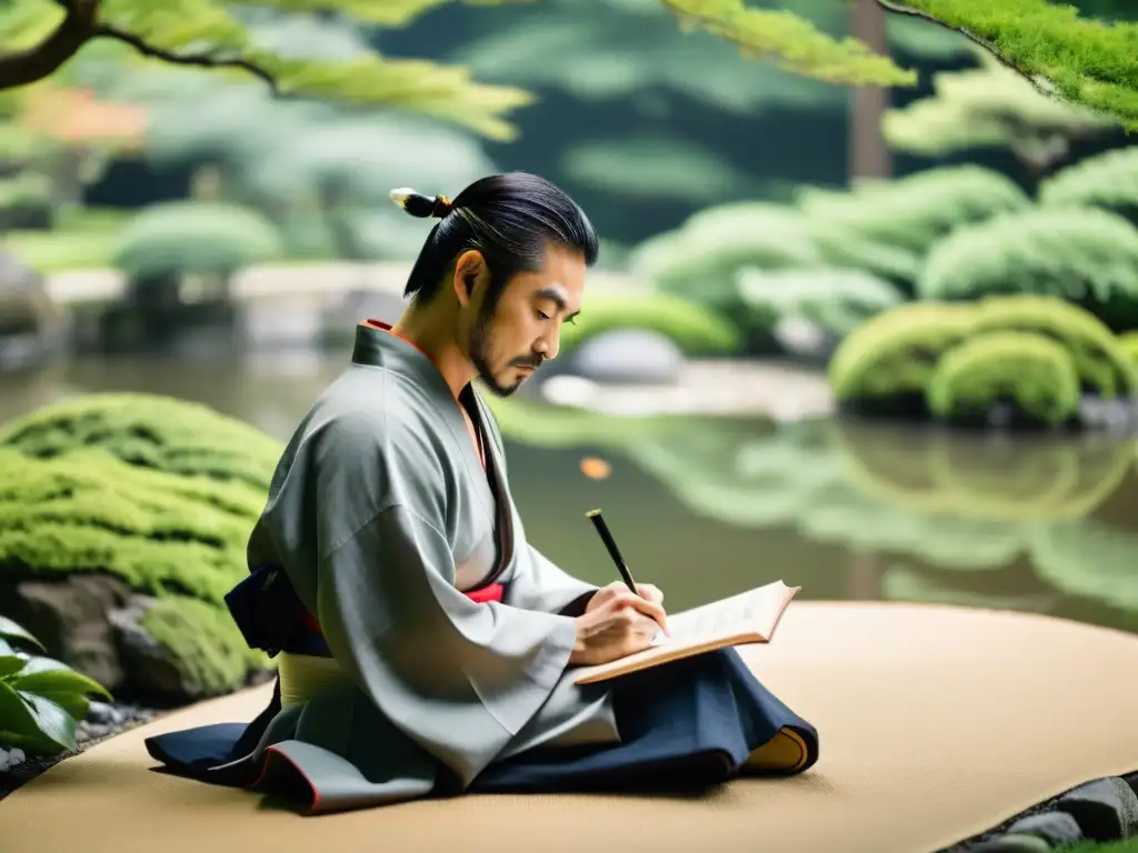 Un samurái moderno medita en un jardín japonés, escribiendo un haiku