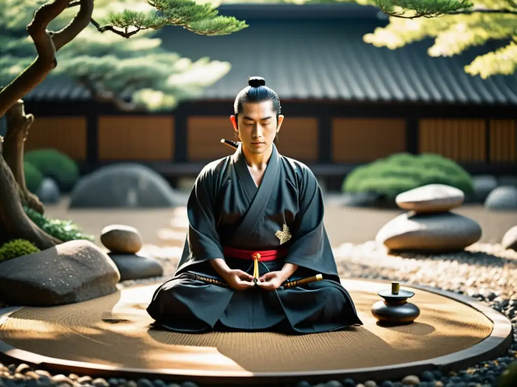 Un samurái moderno medita en un jardín zen, rodeado de tranquilidad, bonsáis y rocas, evocando serenidad y fuerza interna