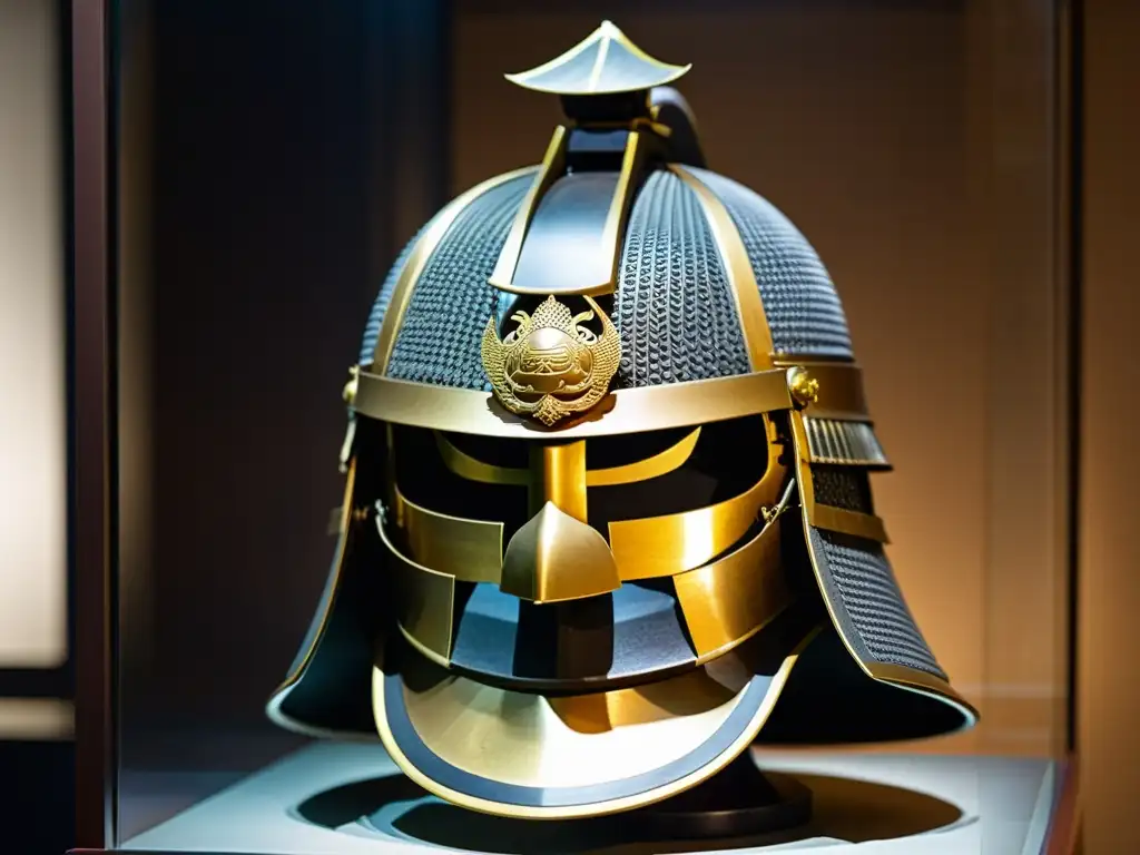 Un kabuto samurái se exhibe en un museo japonés, mostrando su magnífica artesanía y la riqueza cultural