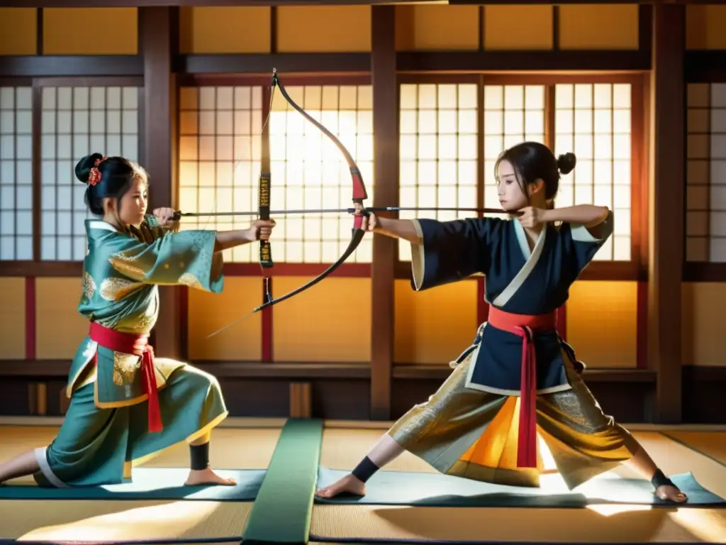 Samurái criando niñas con disciplina y dedicación en el dojo tradicional, practicando arquería con gracia y determinación