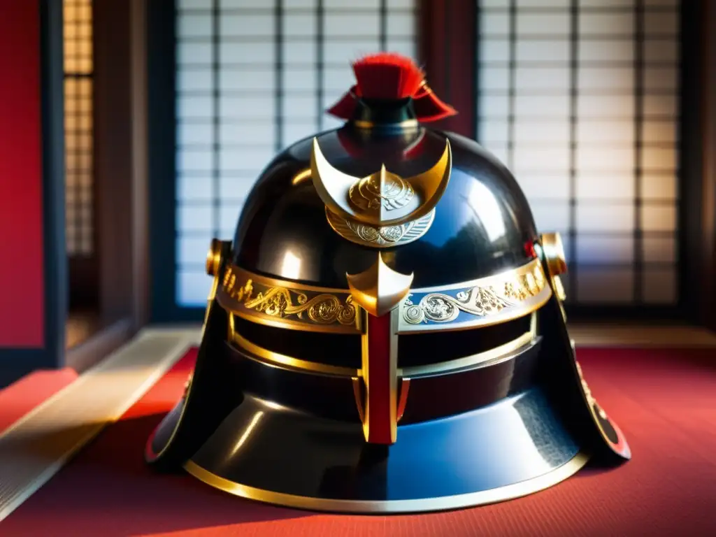 Un kabuto samurái ricamente ornamentado en un dojo iluminado por la luz del sol