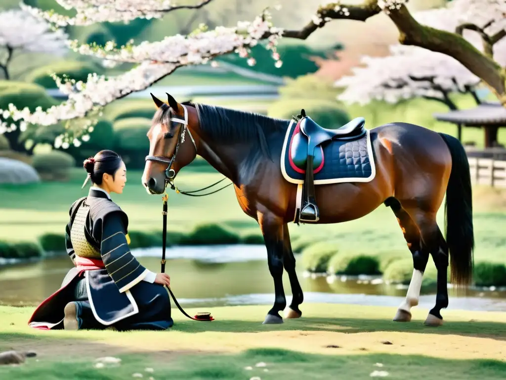 Un samurái cuida con esmero la pata de un majestuoso caballo negro en un paisaje japonés