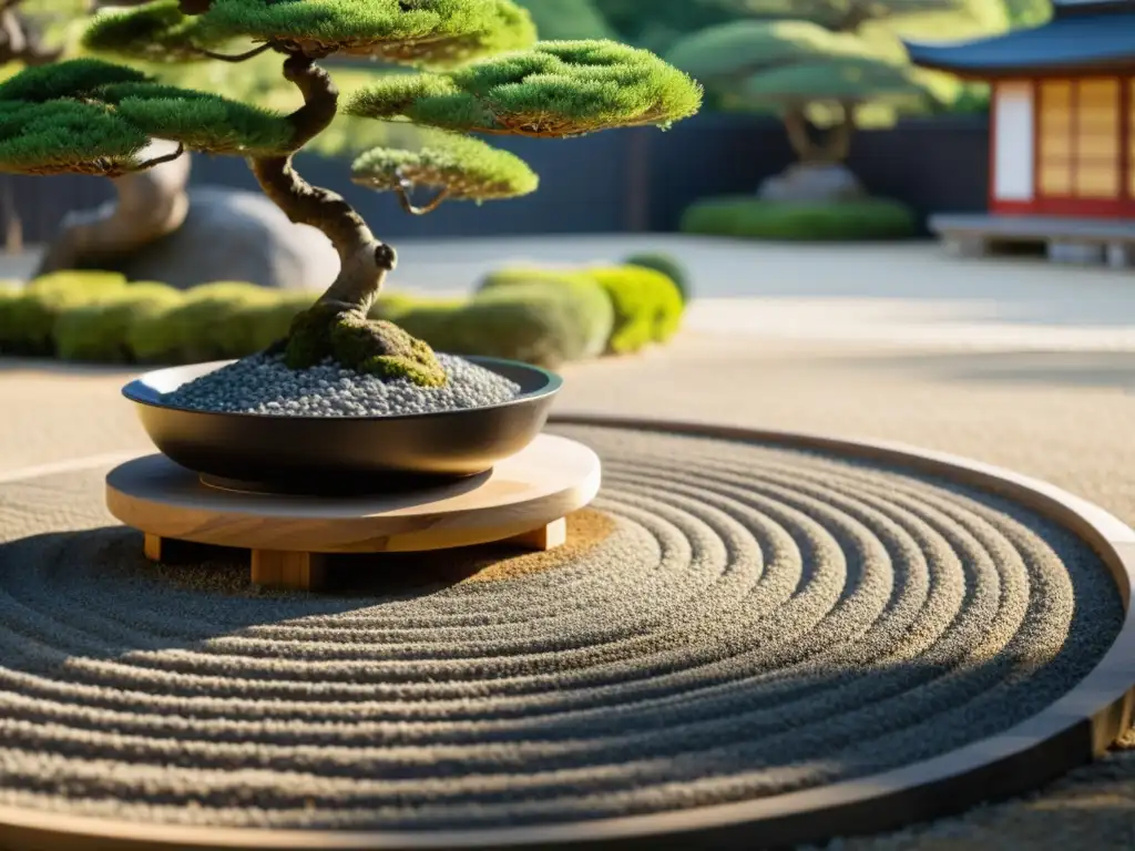 Un jardín zen samurái con patrones de grava y elementos serenos para la práctica meditativa del jardín zen samurái