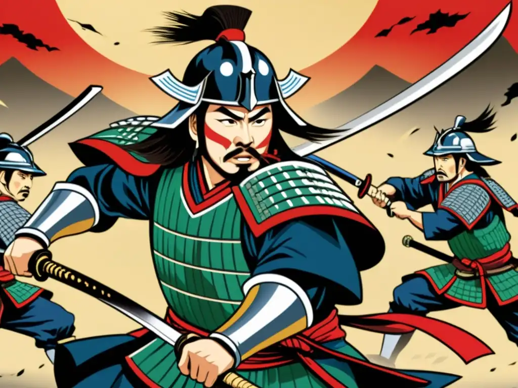 Un samurái del periodo Heian lucha en una batalla feroz, mostrando la transformación de los samuráis en Heian