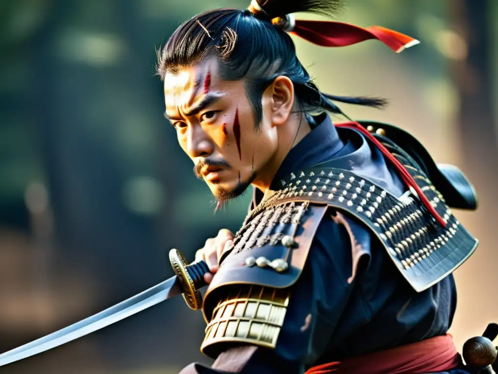 Samurái en combate: detalle épico Un samurái en pleno combate, empuñando su katana con maestría y determinación