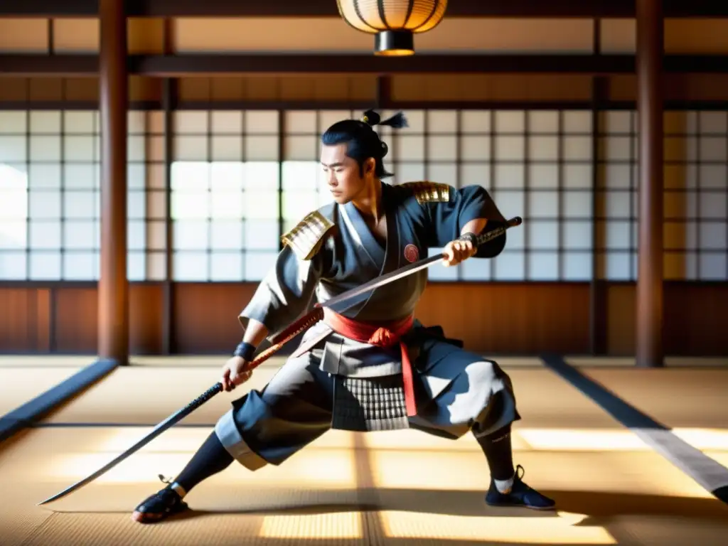 Un samurái hábil y poderoso demuestra su destreza en el combate con una lanza, en un dojo iluminado por el sol