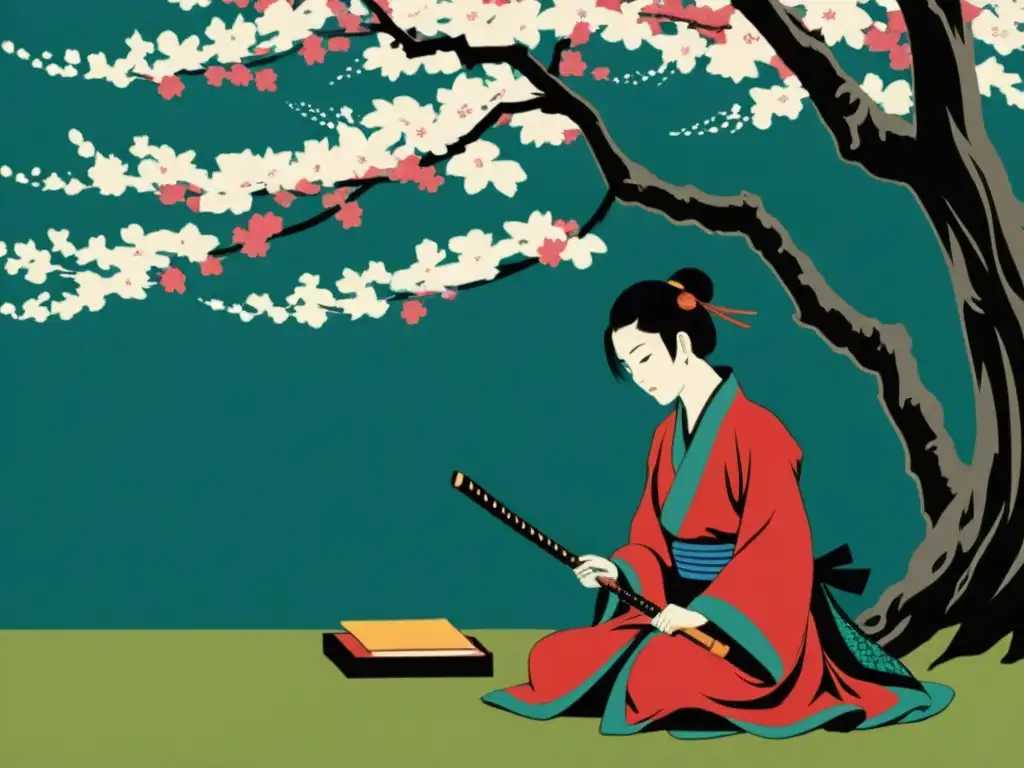 Un samurái poeta compone un haiku en un jardín de cerezos, con su katana cerca