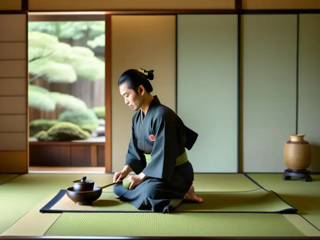 Un samurái prepara el té matcha con precisión en una ceremonia japonesa, influencia en la gastronomía moderna