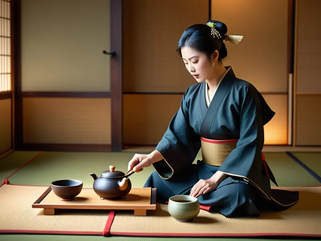 Un samurái realiza con precisión una ceremonia del té japonesa en una atmósfera serena