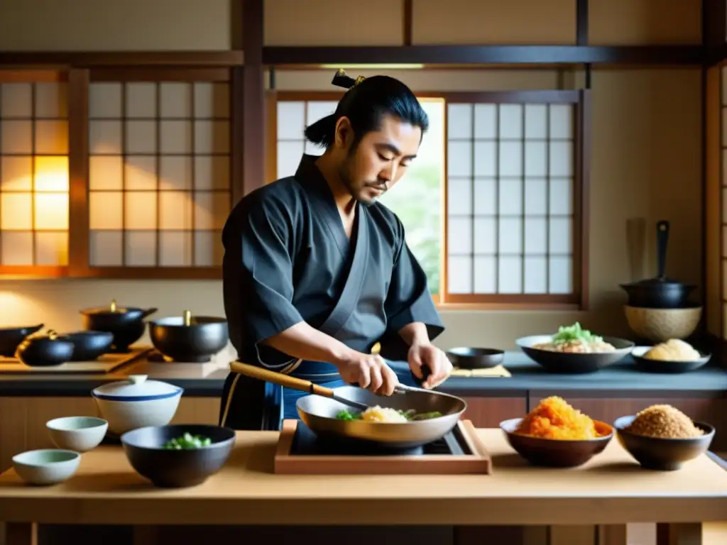 Un samurái prepara con precisión una comida tradicional en una cocina japonesa, transmitiendo la disciplina y la gastronomía samurái dieta tradicional