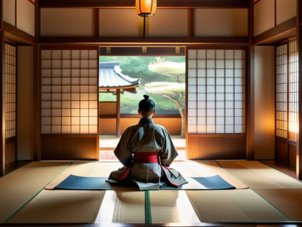 Un samurái en profunda meditación en un dojo japonés tradicional, capturando la disciplina mental en la formación samurái