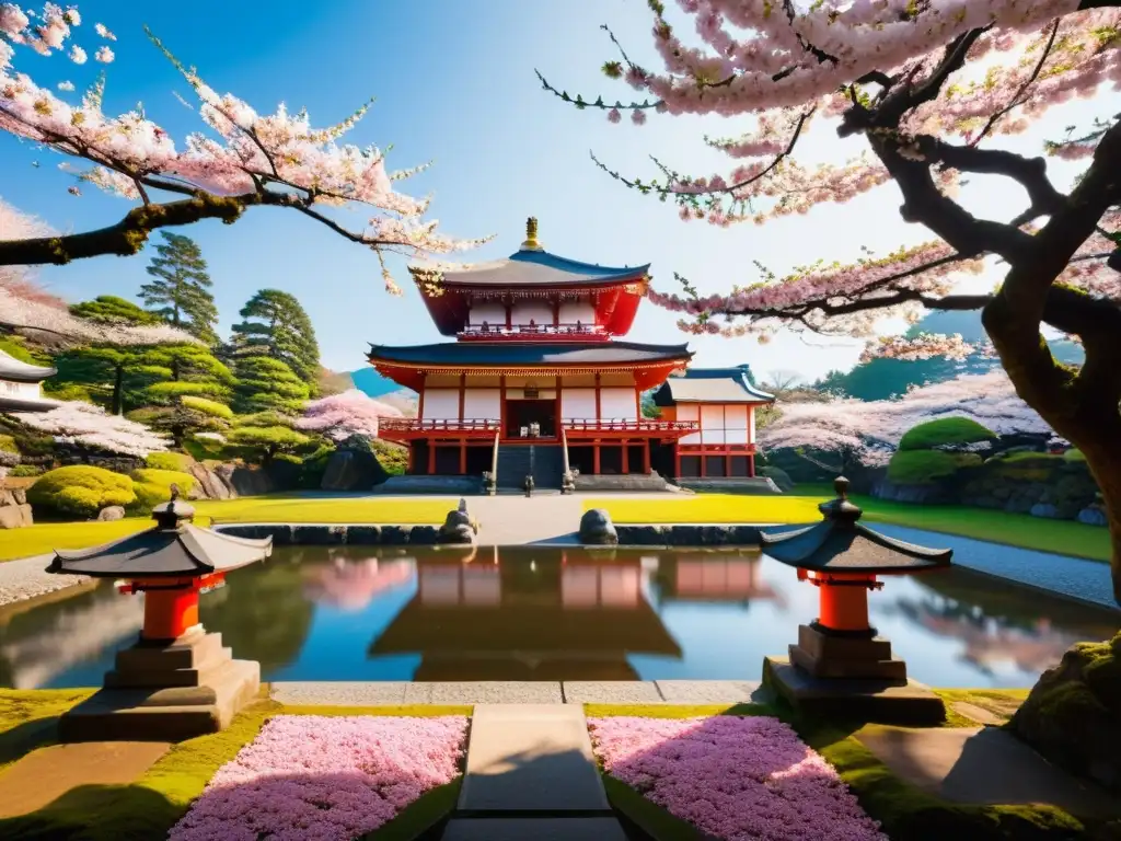 Un samurái en profunda reflexión frente a un templo japonés rodeado de cerezos en flor, reflejando la espiritualidad en la vida samurái