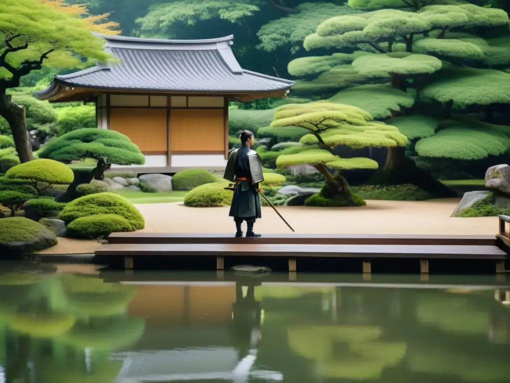 Un samurái reflexivo contempla un jardín japonés, capturando la esencia del liderazgo al estilo samurái con disciplina y enfoque