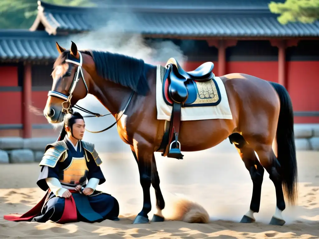 Un samurái reverente se inclina ante un majestuoso caballo, reflejando las creencias samuráis sobre animales sagrados