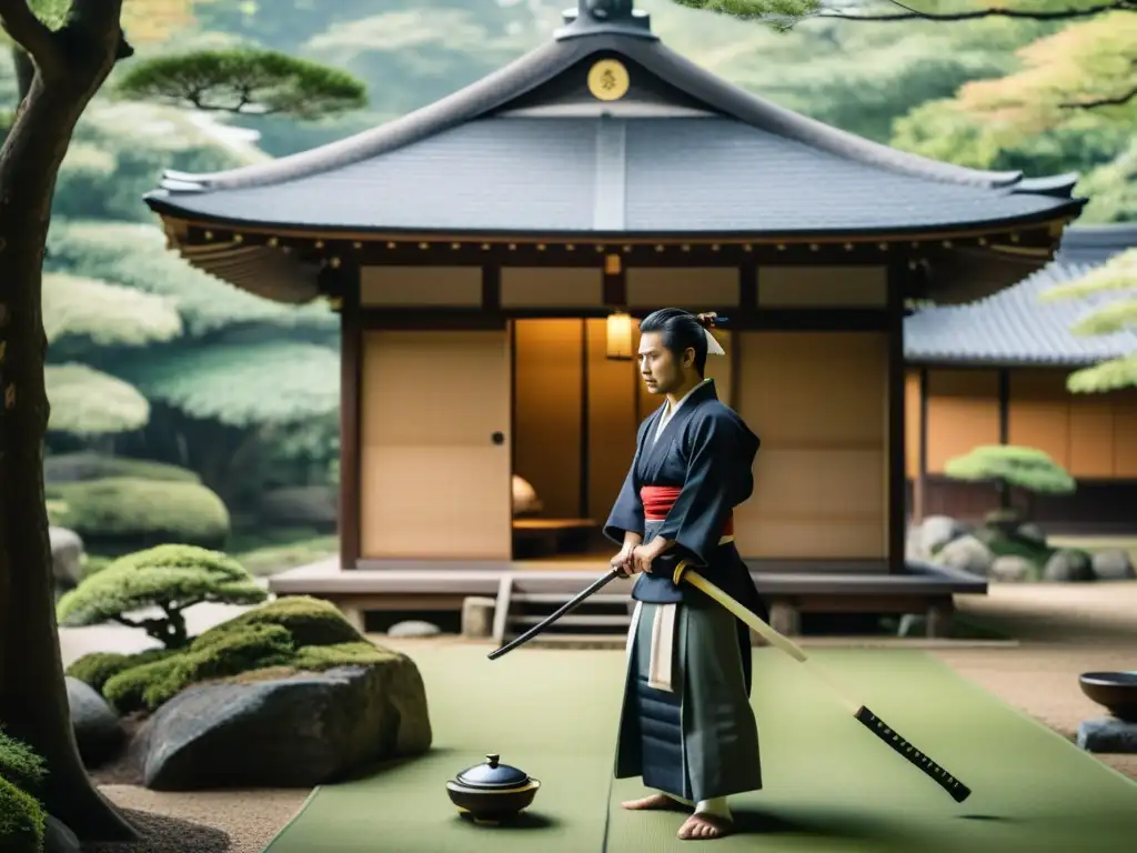 Un samurái realiza el ritual del seppuku con una espada wakizashi en un jardín japonés