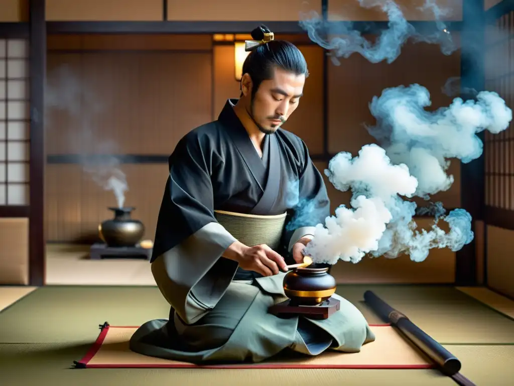 Un samurái realiza un ritual de incienso en una habitación serena, destacando la importancia del incienso en la cultura samurái