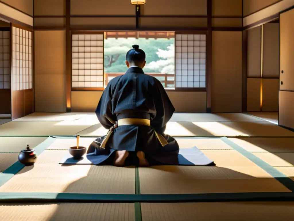 Un samurái realiza sus rituales matutinos en una habitación tradicional japonesa, reflejando la vida diaria samurái en la era Edo