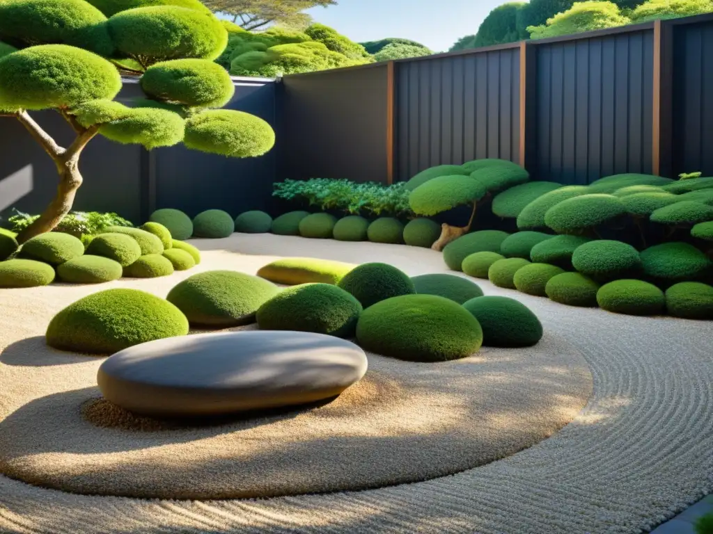 Un jardín zen samurái, con rocas y patrones en la grava, rodeado de arquitectura japonesa y vegetación exuberante