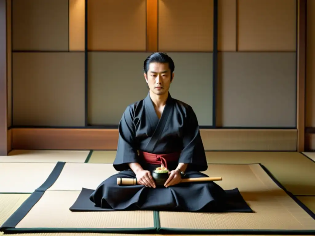 Un samurái en meditación, rodeado de exquisitos platillos japoneses en una atmósfera serena y minimalista