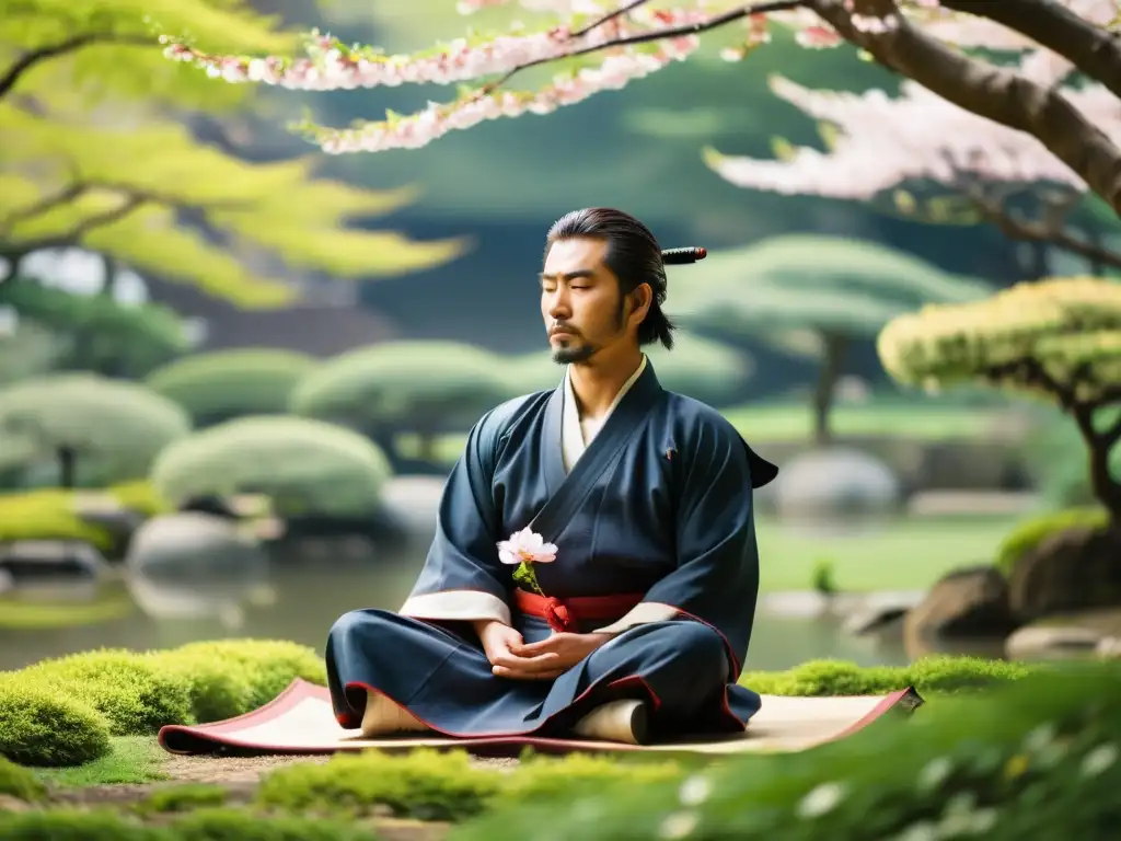 Samurái en meditación, rodeado de jardín japonés con cerezos en flor