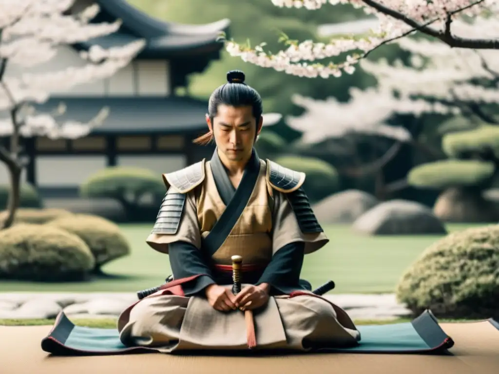 Un samurái en meditación, rodeado de un jardín japonés y cerezos en flor