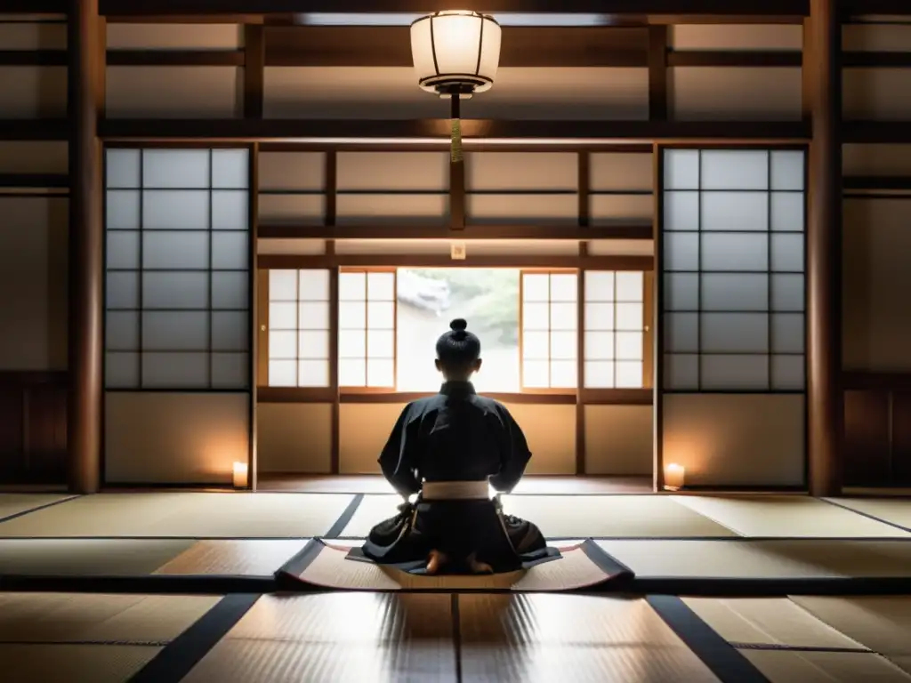 Un samurai en meditación, rodeado de luz de velas en un dojo tradicional japonés