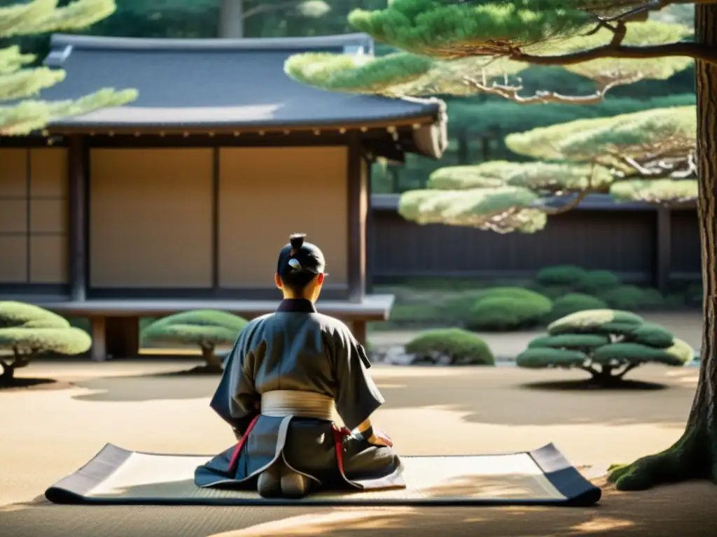 Un samurái medita en un jardín zen rodeado de pinos podados y una casa de té, creando una atmósfera de serenidad