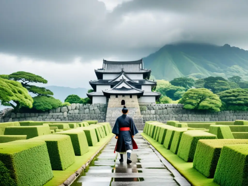 Un samurái contempla las ruinas del Castillo de Shimabara bajo un cielo dramático