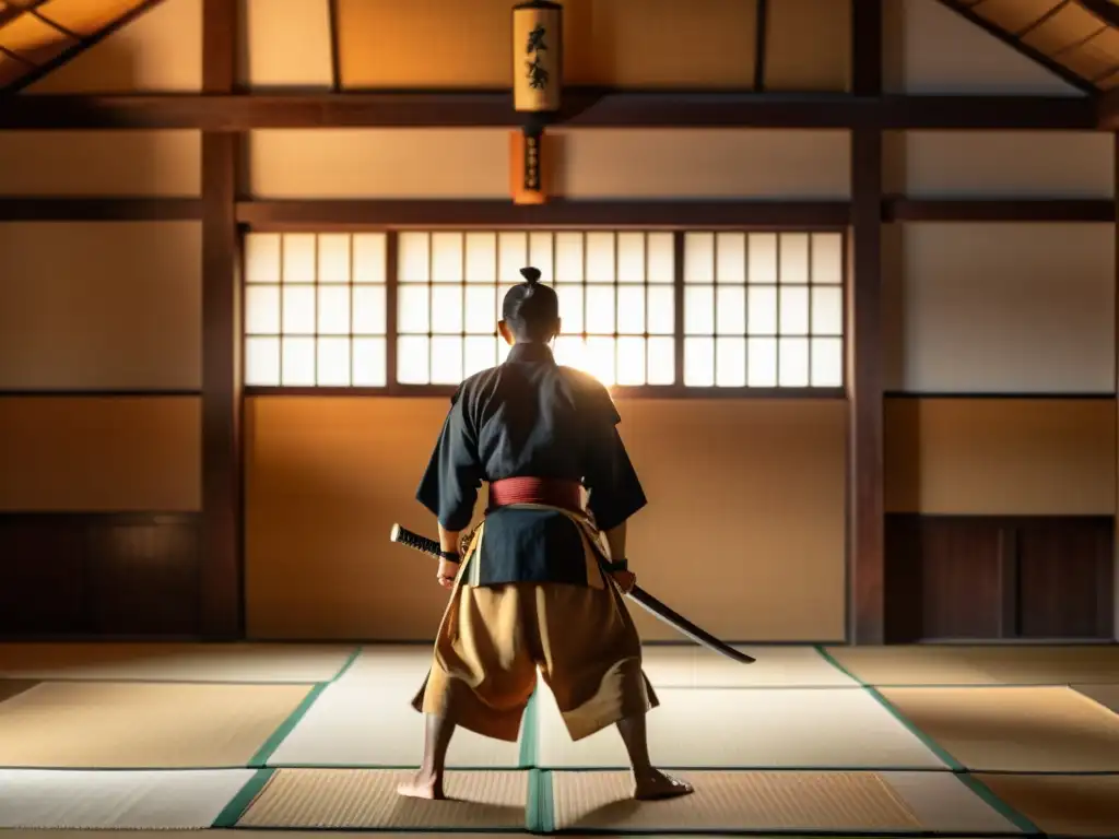 Un samurái practica su rutina diaria en un dojo tradicional al amanecer