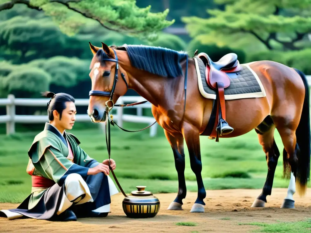 Samurai cuidando la salud de un caballo en un escenario sereno, reflejando la conexión entre la salud de los caballos y la sociedad samurái