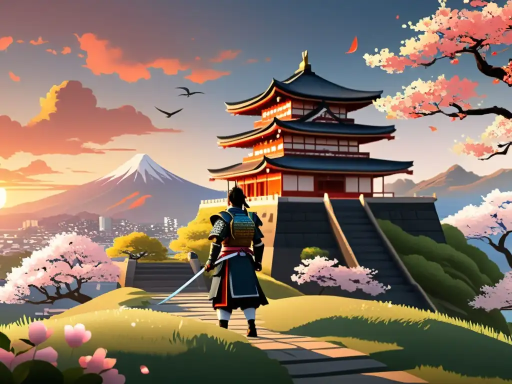 Un samurái solitario se prepara para la batalla en un paisaje japonés al atardecer, con influencia del cine en videojuegos samurái