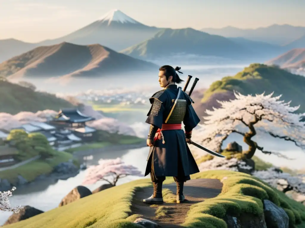 Un samurái solitario contempla un paisaje japonés al amanecer, sosteniendo una katana, envuelto en serenidad y sabiduría antigua