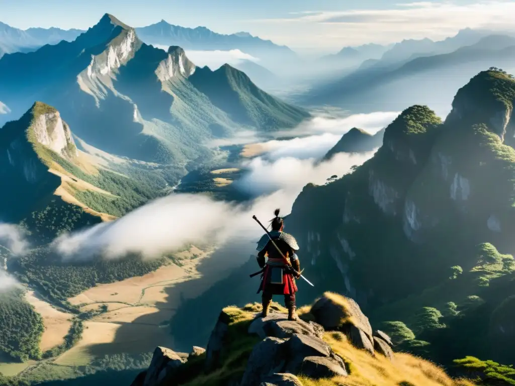 Un samurái solitario contempla el paisaje montañoso, mostrando la influencia del terreno en batallas samurái