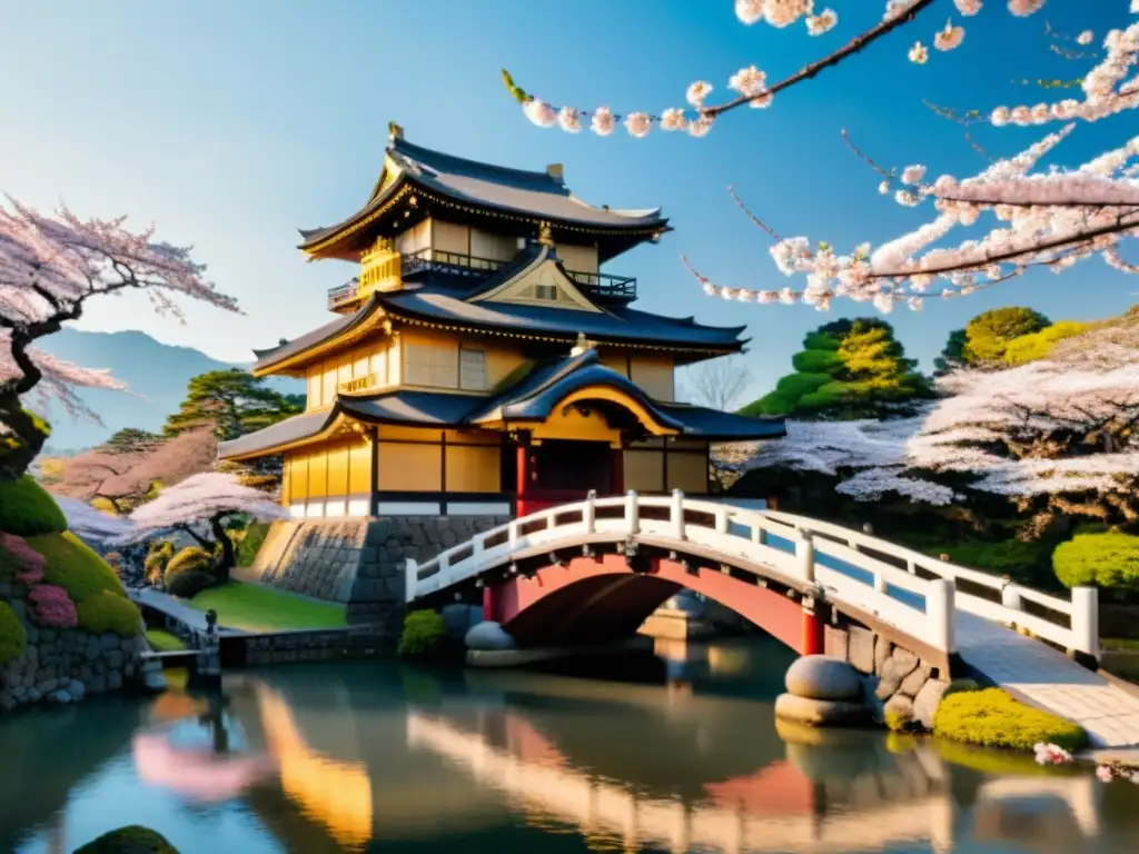 Un samurái solitario de pie en un puente frente a un antiguo castillo japonés rodeado de cerezos en flor